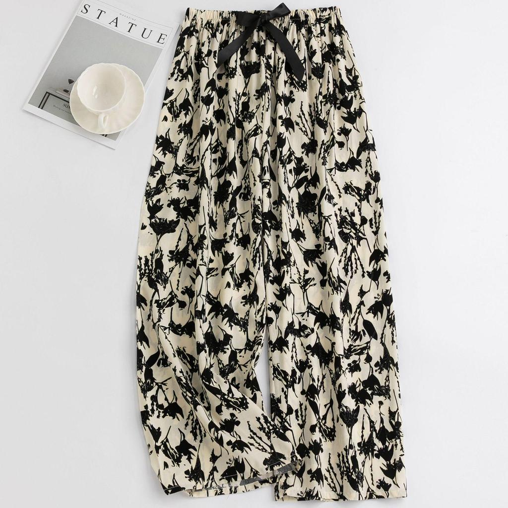 Women's Floral Cotton Silk Pajama Pants, Mosquito Repellent, Outdoor & Home Wear, Plus Size, Lightweight Summer Style.