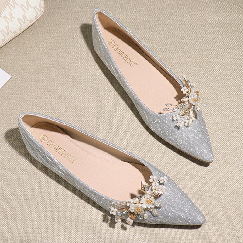 

Модная женская обувь ручной работы с кристаллами и жемчугом, женские балетки слипоны, женские блестящие серебристые лоферы, женская праздничная свадебная обувь 34 серебряный