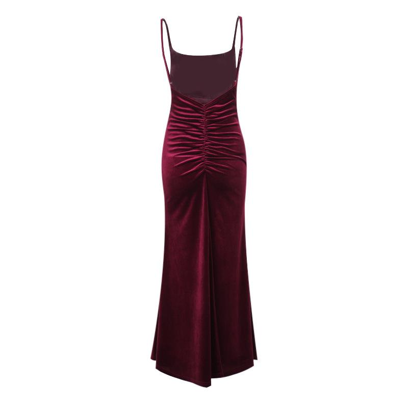 Fall Women's Fashion Sexy Temperament Velvet Pleated Waist Halter Dress