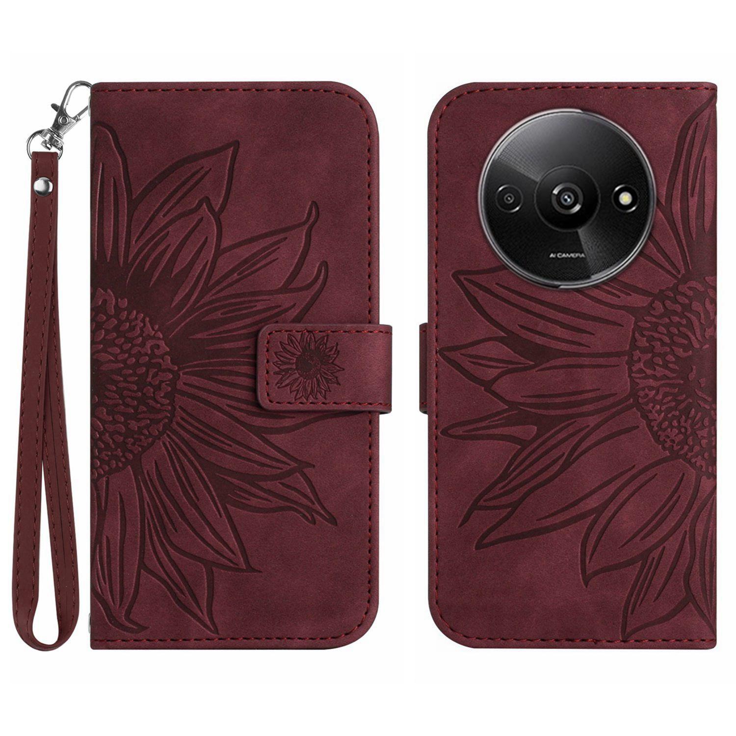 

HT04 For Xiaomi Redmi A3 4G/Poco C61 4G Wallet Case Sunflower Handbag Flip Leather Phone Cover Wine Red