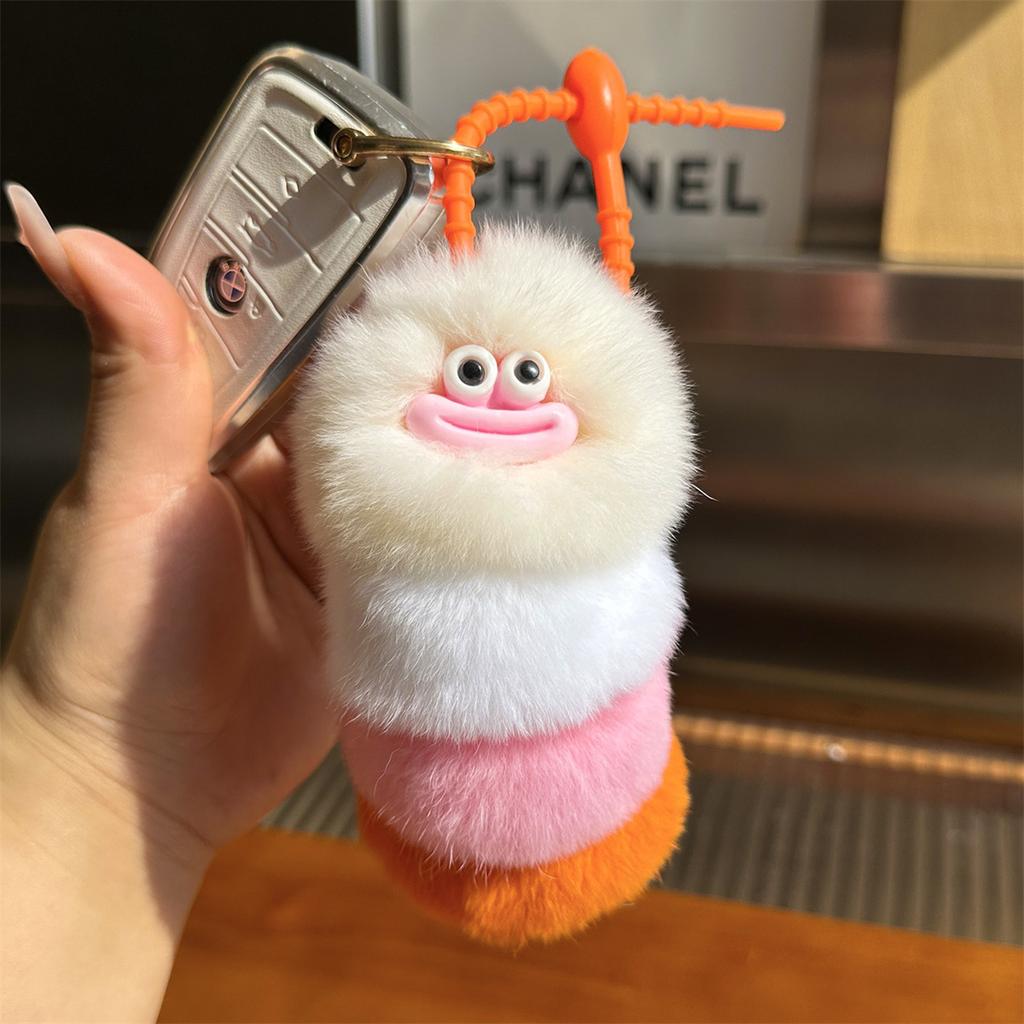 Plush Caterpillar Keychains Colorful Soft Rabbit Fur Keyring Keyholder Bag Charms Car Hanging Ornament Party Gifts