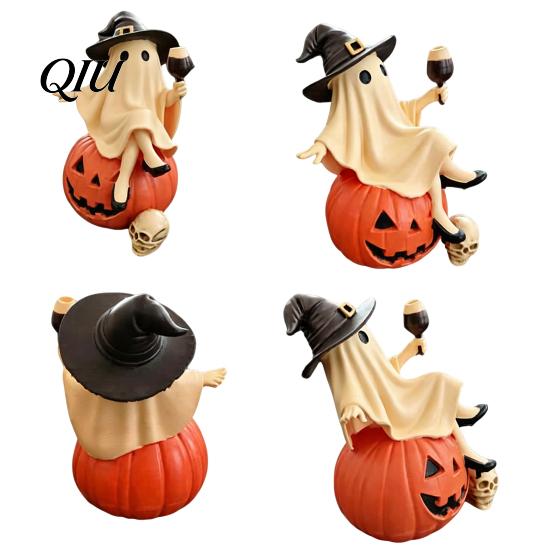 Roztomilá figurka čarodějnice, Figurka ducha, Sedící na dýni, Soška s legračním halloweenským kloboukem, Pryskyřičná stolní ozdoba pro domácí party dekorace, Strašidelná