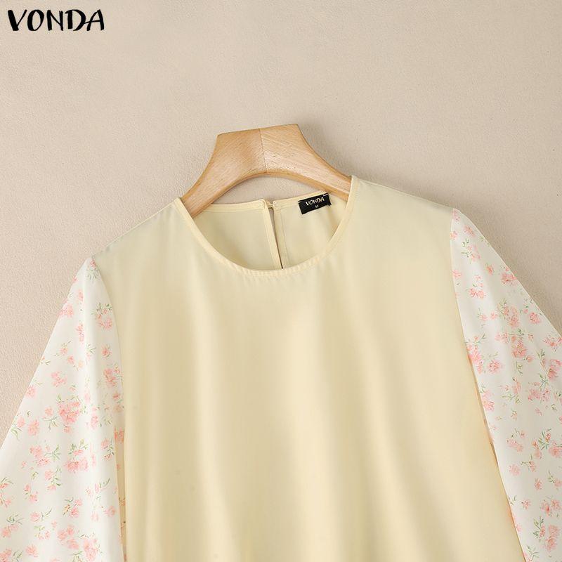 VONDA Summer Women O-Neck Print Splice 3/4 Sleeve Casual Loose Blouse