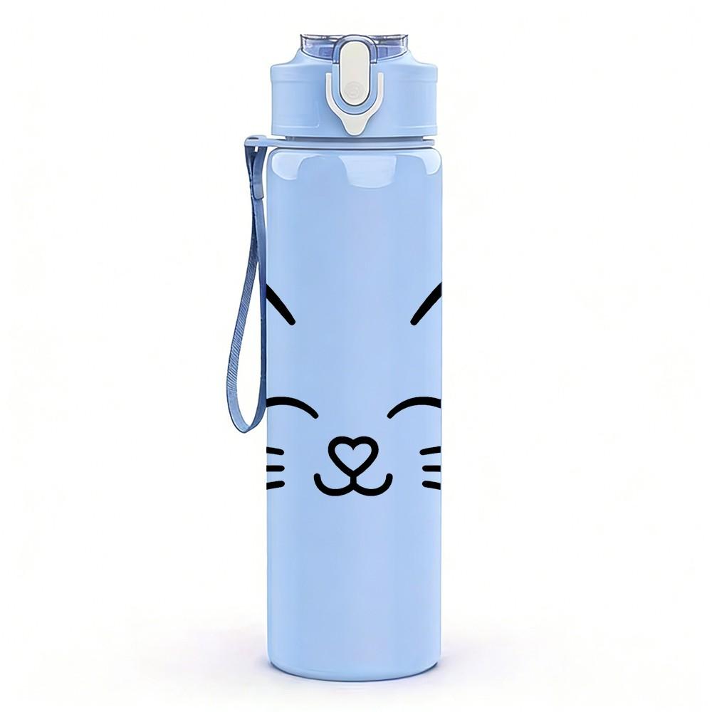 1PC Cute Cat Face Outline Print 750ml Color Plastic Sports Water Bottle Leakproof Flip Straw Lid Suitable for Sports Office Home Use