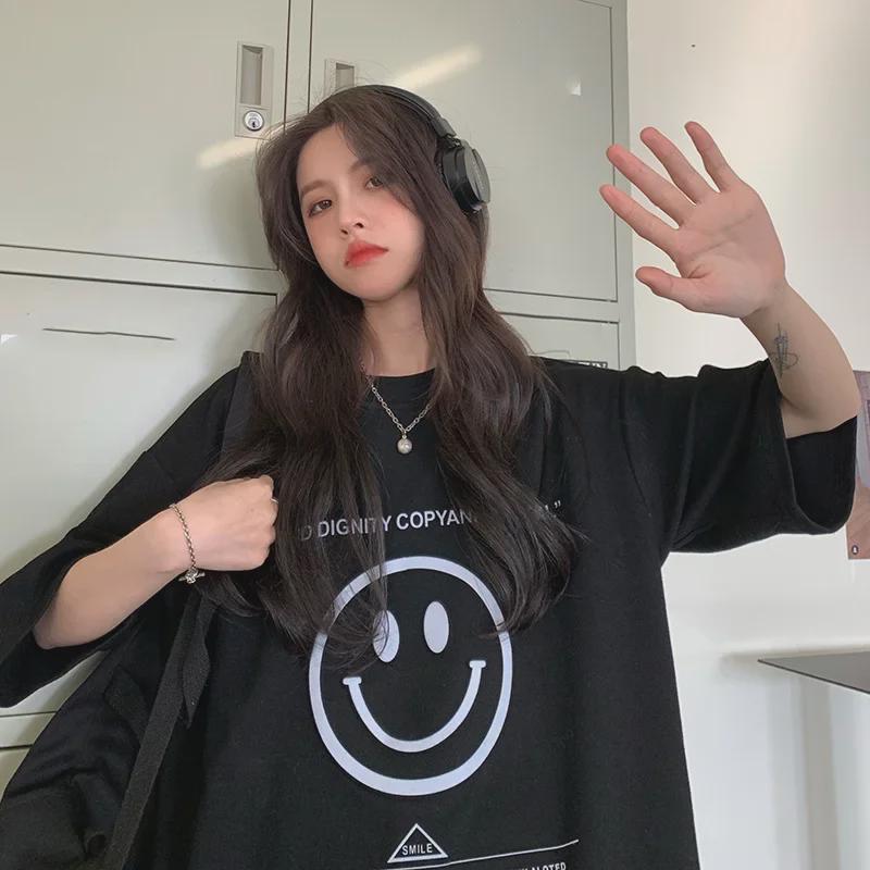 Damen-T-Shirt aus Baumwolle mit Smiley-Gesicht, lockere Passform, Kollektion Sommer 2025