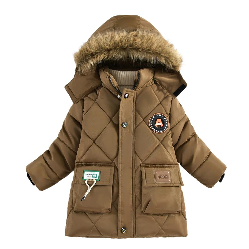 Autumn Winter Boys Jacket Long Style Letter Print Thick Warm Hooded Coat Fur Collar Down Cotton Outerwear For 4-10 Years Kids