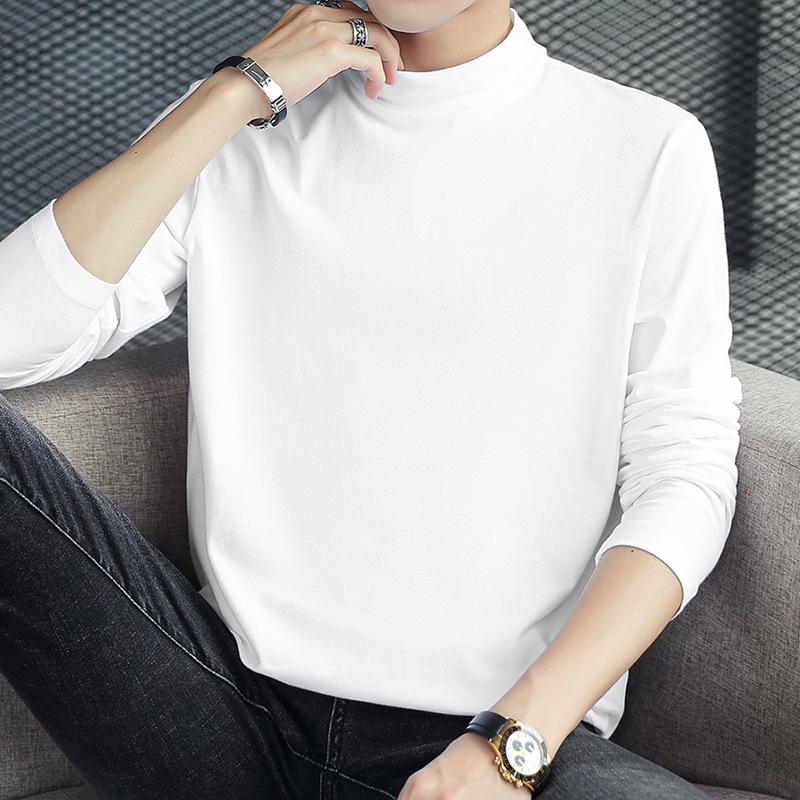 Men's Long Sleeve Cotton T-Shirt, Semi-High Neck, Solid Color Base Layer for Autumn/Winter