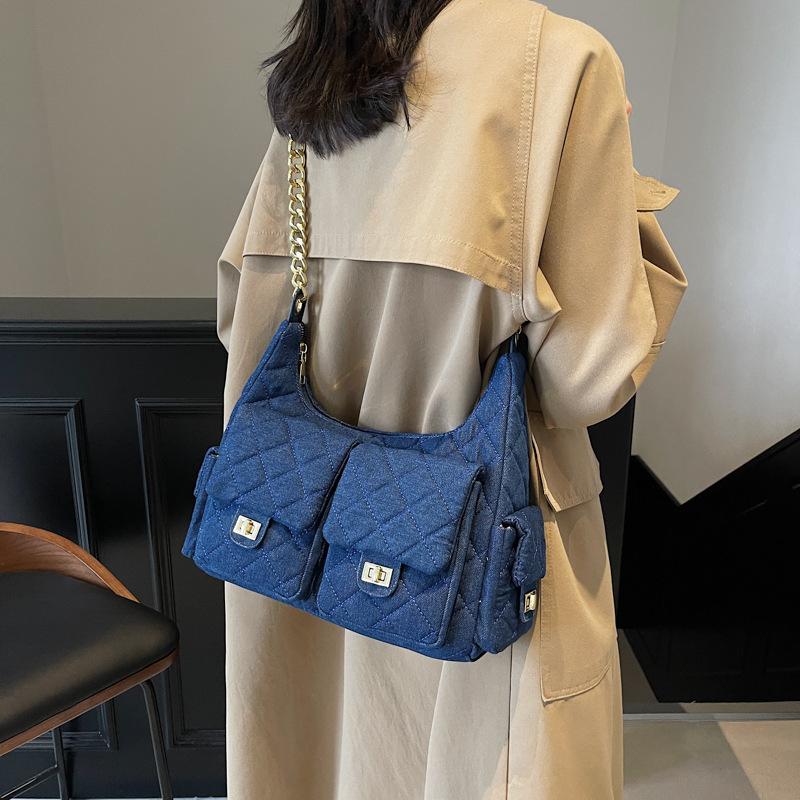 

2025 Ming New Casual Versatile Washed Multi-Pocket Denim Bag Chain One Shoulder Underarm Bag Women s Bag 32*10*25 темно-синий