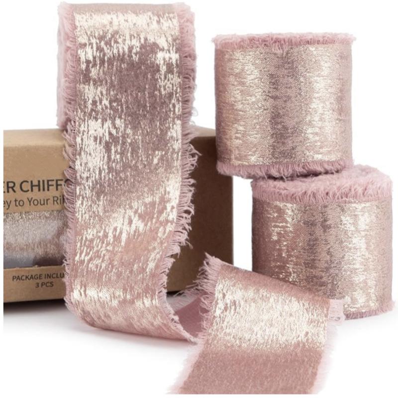 5 Yards Frayed Edged Satin Handmade Bronzing Ribbon for Wedding Invitation Bouquets Birthday Party DIY Decoration Gift 3Roll