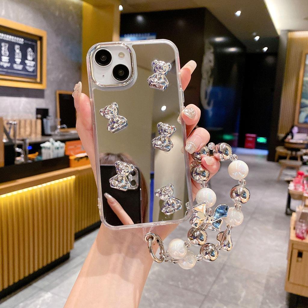 Silver Heart Bracelet Phone Case for iPhone 12/XR/13 Pro/15/16 with Mirror and Bear Design.