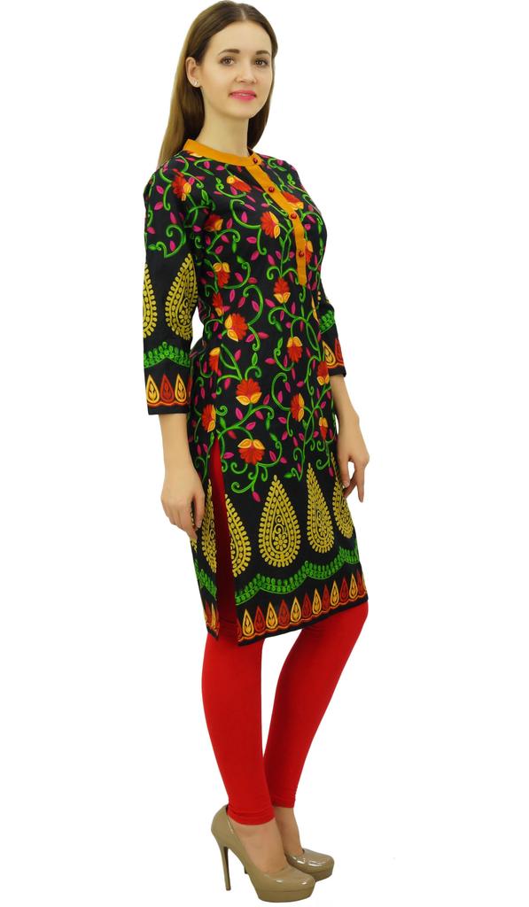 Phagun Women's Printed Blouse Tunic 3 4 Sleeve Black Kurta Ethnic Clothing -