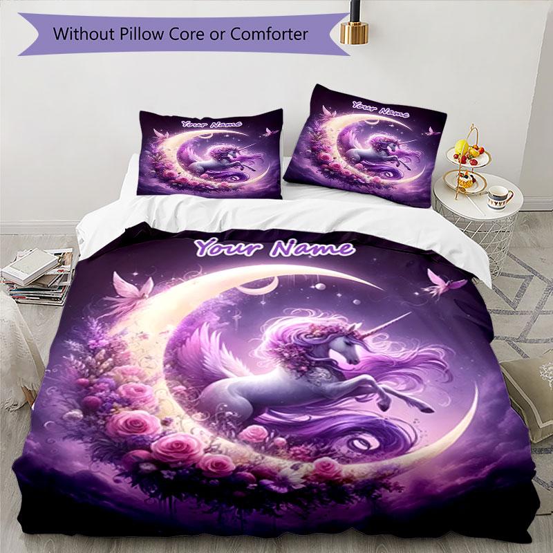 3PC Custom Name Unicorn Dreams Moon Bedding Set Duvet Cover Closure Includes 1 Duvet Cover & 2 Pillowcases for Bedroom