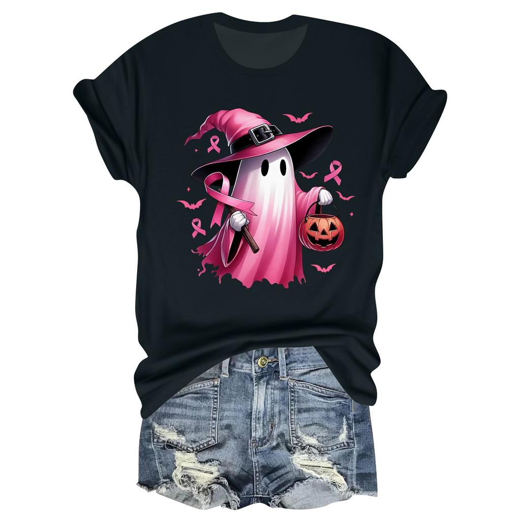 Women's Casual Halloween Breast Print T-Shirt Round Neck Pullover Short Sleeve Top