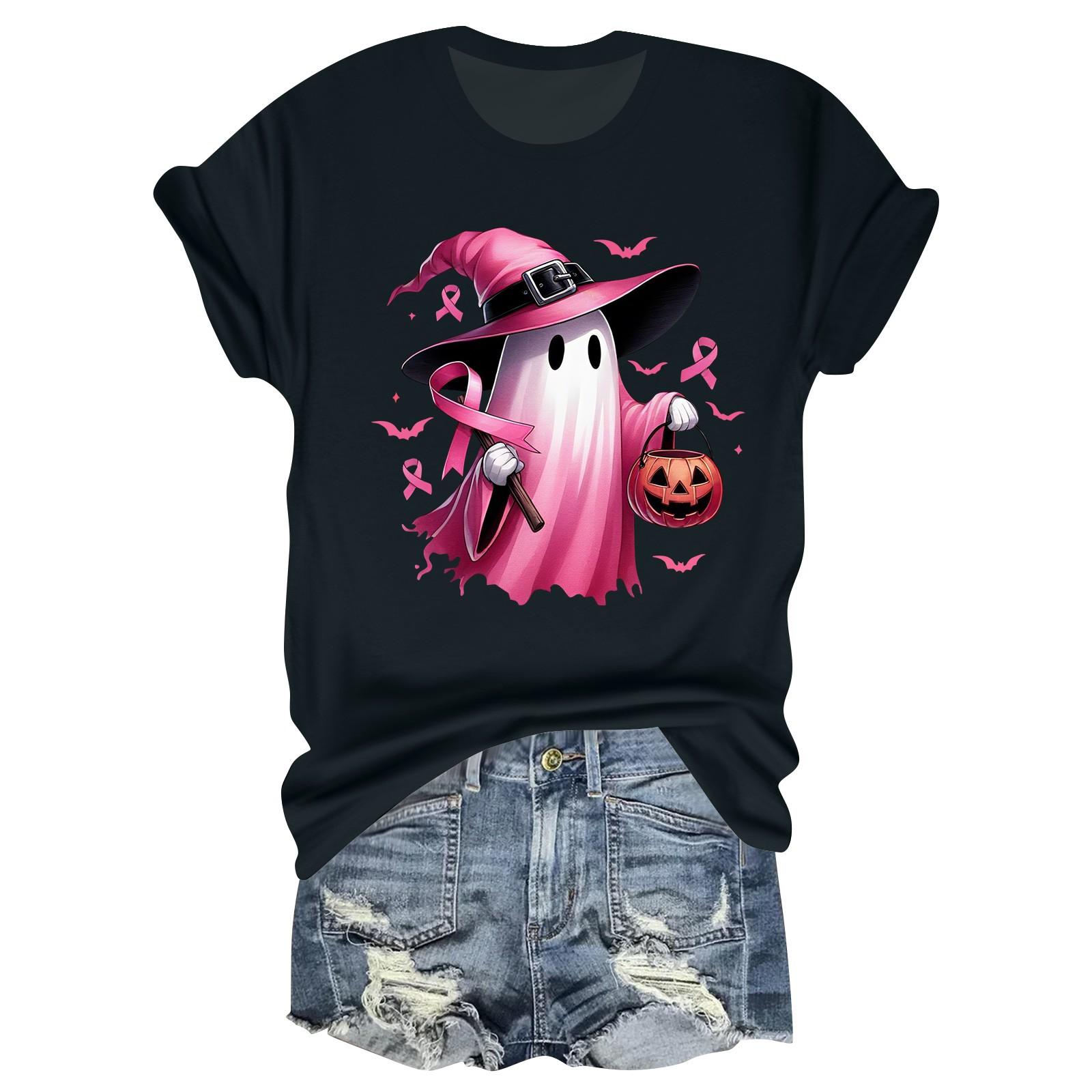 

Women s Casual Halloween Breast Print T-Shirt Round Neck Pullover Short Sleeve Top L чорний