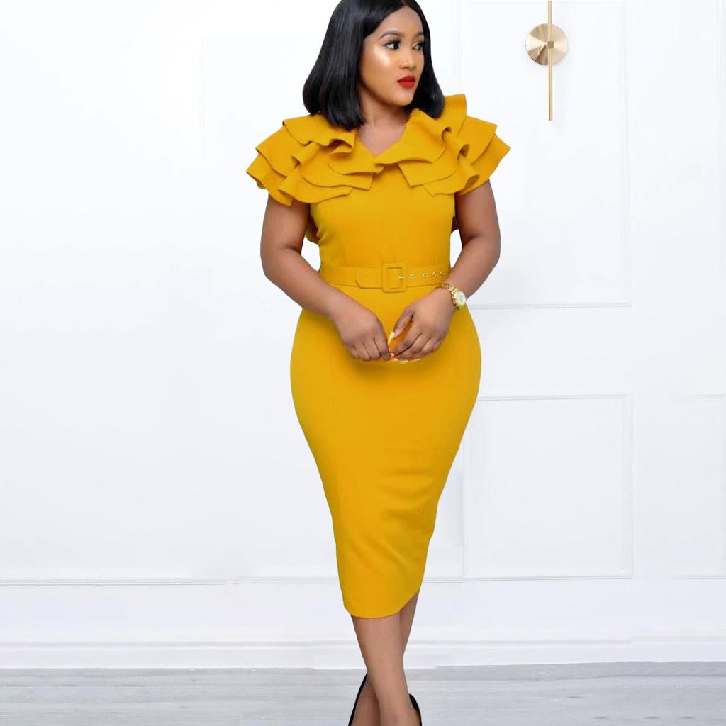 Großes Damen-Sommermode-Rüschenkleid, einteiliges, einfarbiges Etuikleid mit Gürtel