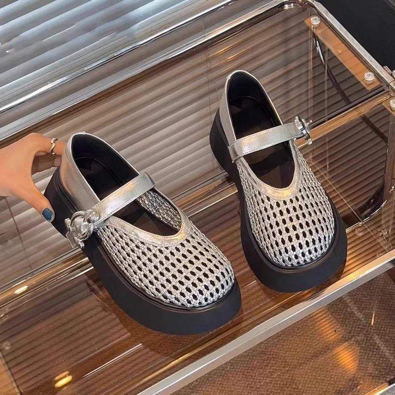 Hollow woven breathable mesh shoes 2025 spring and summer new versatile loafers thick sole heightening shallow mouth Mary Jane single shoes