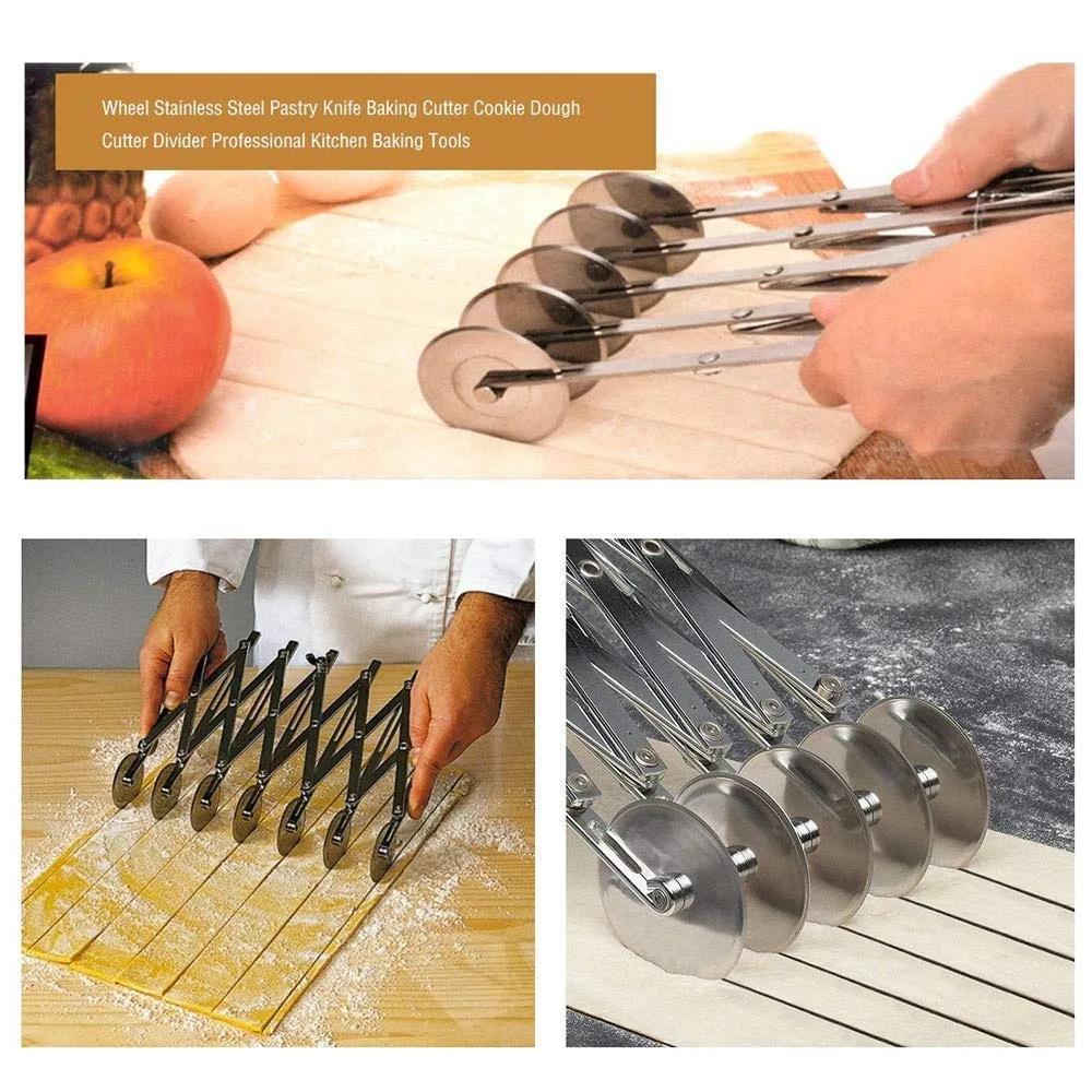 Tăiător de pizza din oțel inoxidabil 430 cu roți de 5/7 roți, tăietor de aluat reglabil, tăietor de prăjituri pentru prăjituri, instrumente de coacere