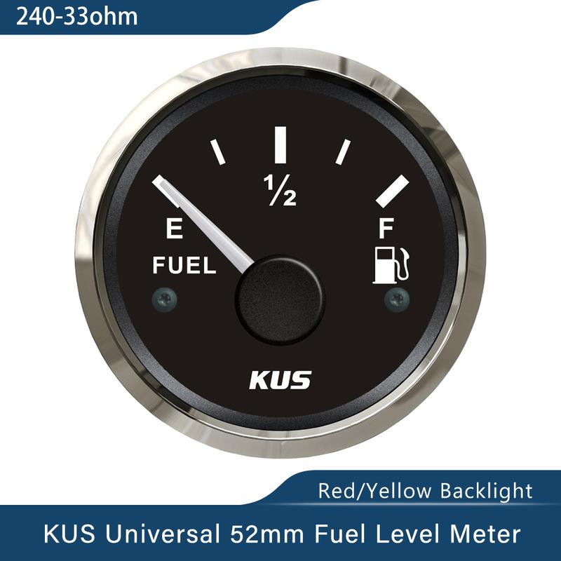 KUS New 52mm Auto Marine Fuel Oil Level Gauge Meter 0-190 ohm 240-33ohm with Red Yellow Backlight 12V/24V for Car Boat