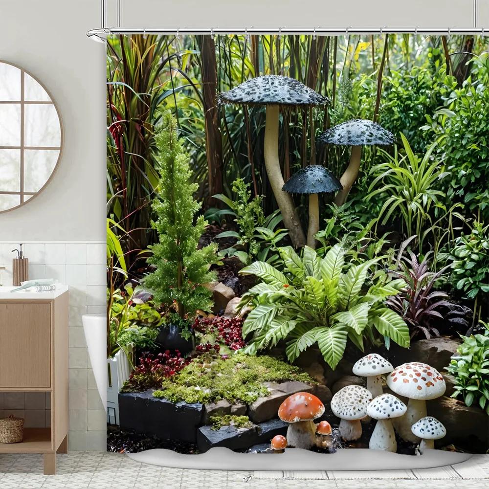 Garden Scenery Shower Curtain Mushroom Jungle Nature Plants Flower Patio Forest Green Leaf Polyester Bathroom Decor Curtains Set
