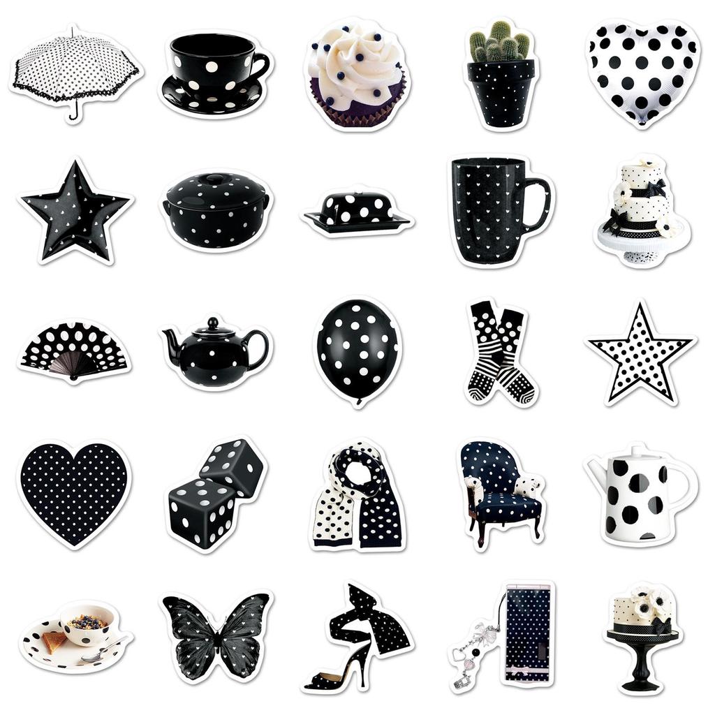 50-Piece Polka Dot Cartoon Graffiti Stickers - Waterproof Black & White Journal and Phone Case Decor