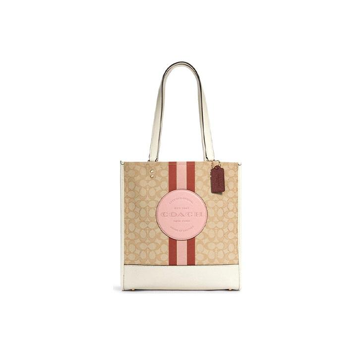 

Coach Dempsey 30 Monogram Stripe Logo Accent Fabric And Leather Tote Bag Women tote Khaki Light-Pink 1917-IMSWZ Basic Set (Bag+Dust Bag)