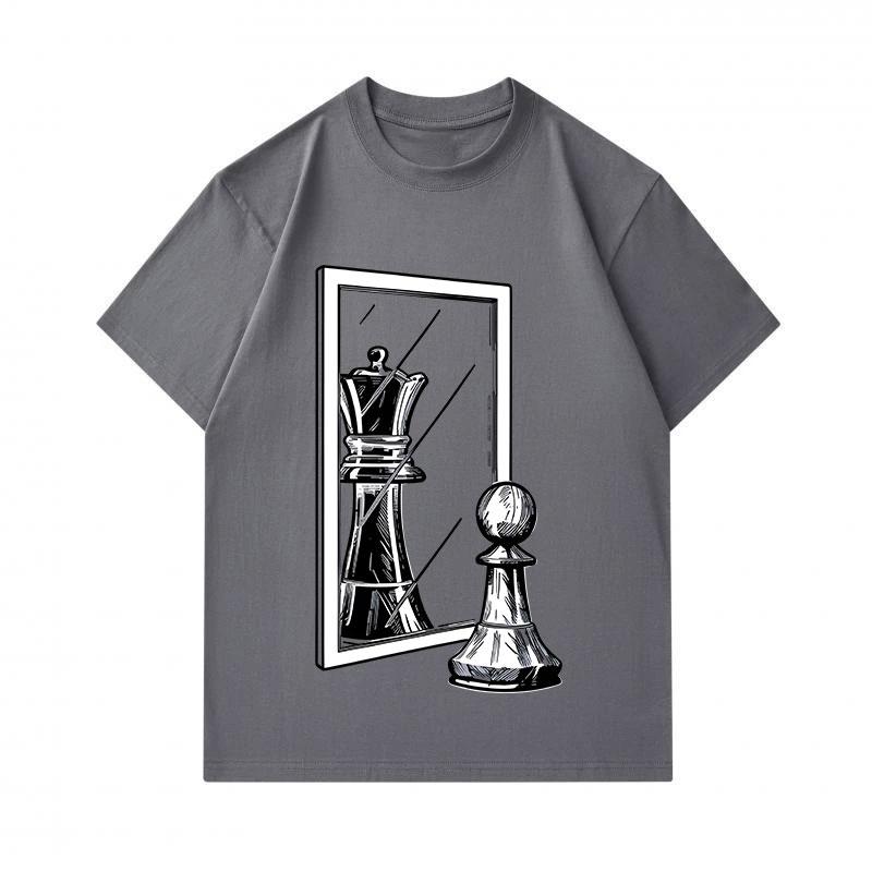 Men's 100% Cotton Crew Neck Short Sleeve T-Shirt, Funny Pawn Chess Piece Mirror Reflection Queen Print Casual Summer Fashion Tees for Chess Lovers Dai