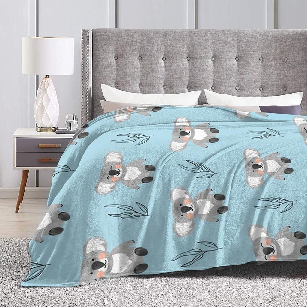 Flannel Fleece Modern Throw Blanket, Cartoon Style Koala Bears Blue Pattern Throw for Spring Recliner, Air Conditioning Blanket