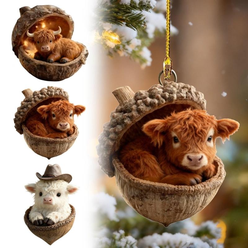 2D Acrylic Highlands Cow Christmas Ornament Christmas Tree Ornament Farm Animal Decors Christmas Tree Hanging Decors