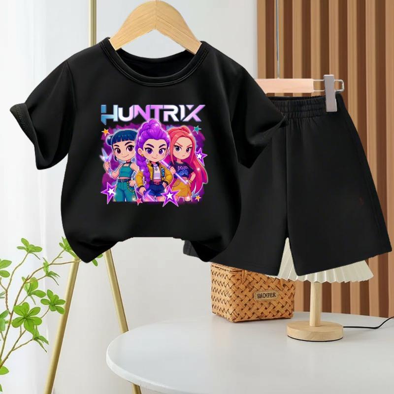 

Summer Children s Casual Outfits K POP Cartoon Printed Girls T Shirt and Shorts Two Piece Set Kids O Neck Short Sleeve Tops Sets 100 чёрный