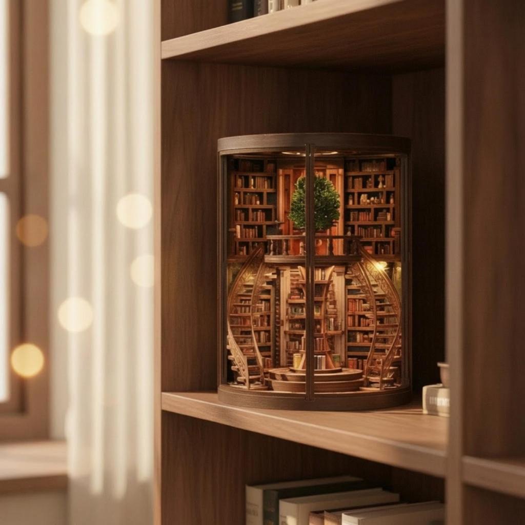 Bibliotheks-Vignette mit Licht DIY Holzbausatz Beleuchtete Miniatur für Bastler, Erwachsene,