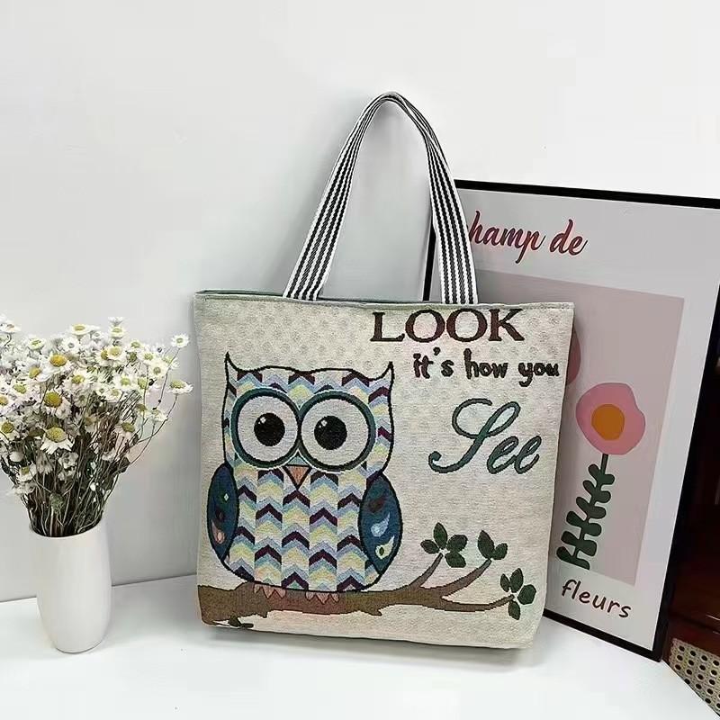 Embroidered Owl Bag With Canvas Material For Casual Daily Use