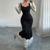 Spring Autumn Elegant Party Evening Dresses Women Fashion Contrast Mesh Splicing Ruffles Women's Maxi Dress Casual Bodycon Dress