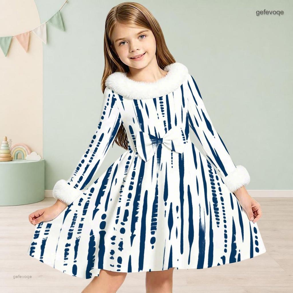 Girls High Neck Long Sleeve Blue White Printed A Line Flared Dress With Fur Trim And Bow