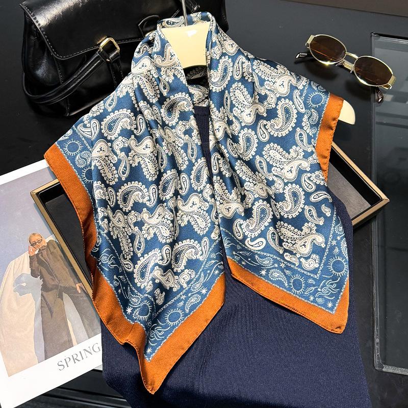 Elegant Square Silk Scarf Flower Pattern Handbag Wraps Head Handkerchief 70*70Cm Double Sides Neckerchief Women