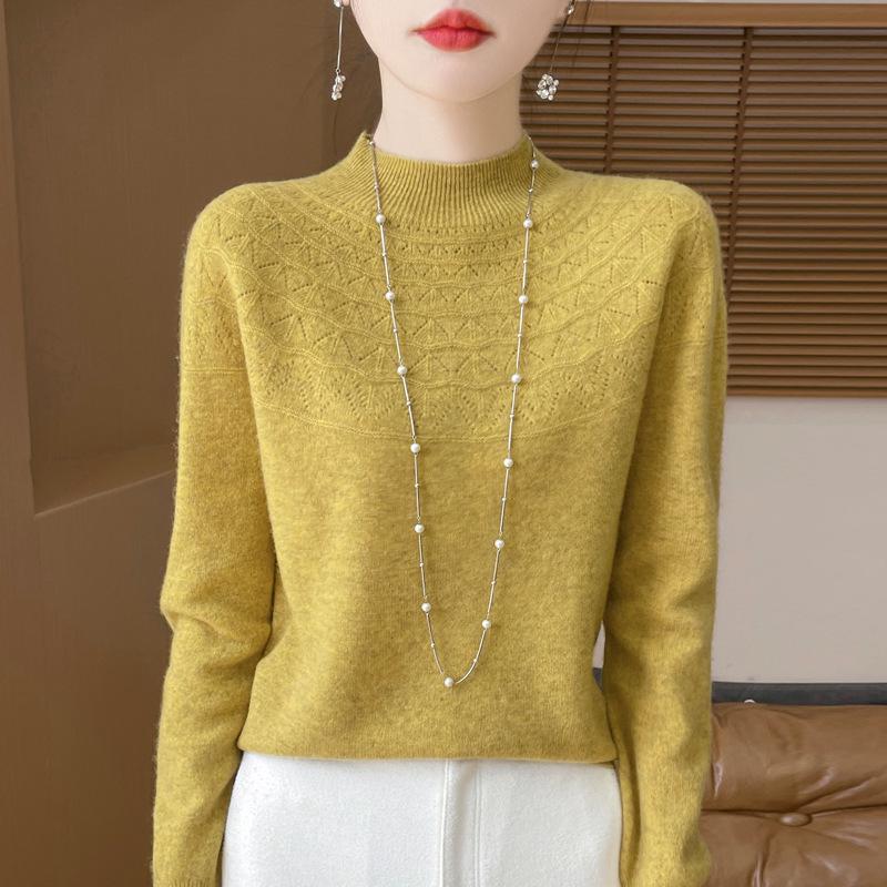2025 Autumn/Winter Women's Half-High Collar Hollow Design Pure Wool Seamless Sweater Pullover