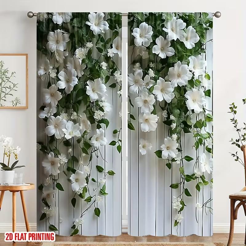 

2PCS Multicolor White Floral Vine And Wooden Plank Pattern Curtains Rod Pocket Design For Bedroom And Living Room 24x59in(60x150CM)x2&Rod Pocket&2 panels