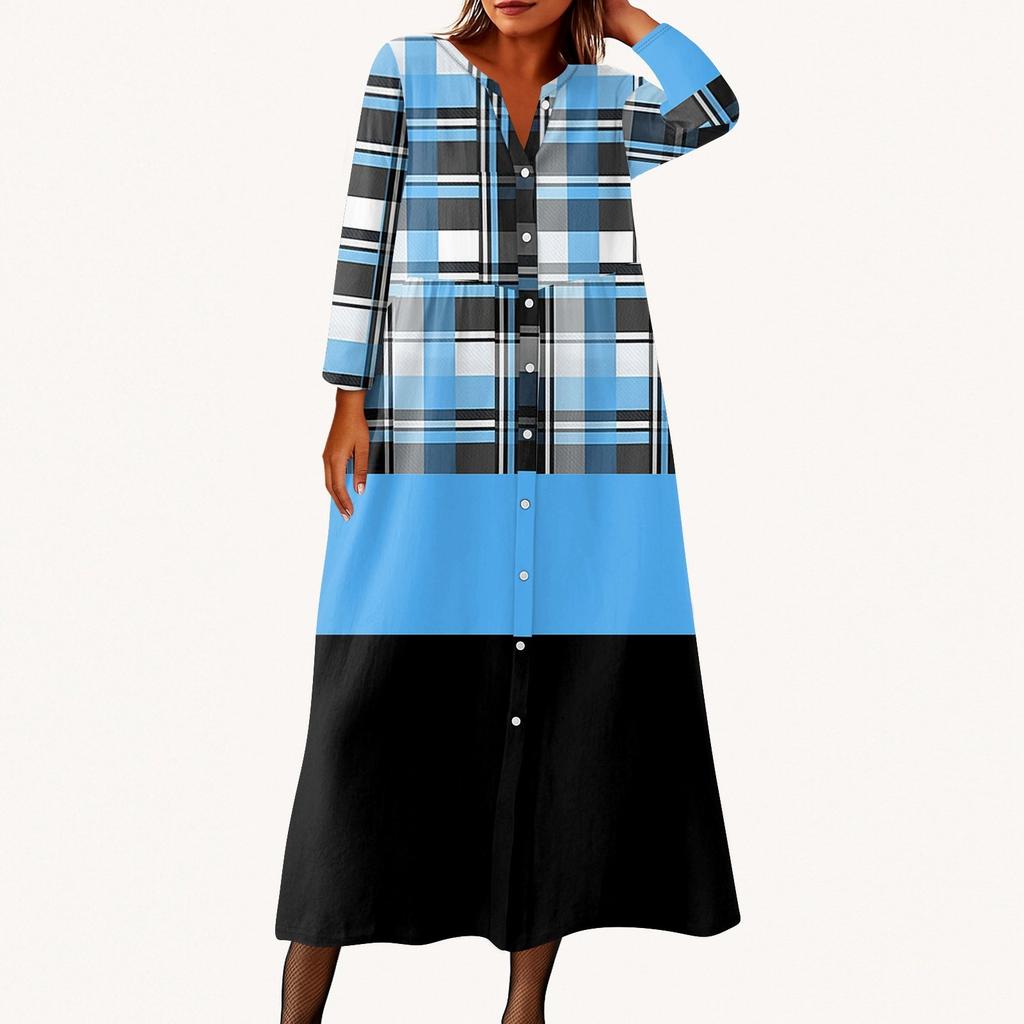 Dámské módní tištěné kulaté sedmiminutové rukávy knoflíkové volné košilové šaty