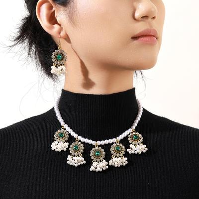 Colored Zircon Pearls Surrounded By Fringed Ear Hook Necklace, Heavy Industry French Retro Court Style Jewelry Set
