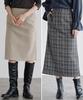 Pierrot Brushed Stretch Size Check Pattern Cashmere-Touch I-Line Skirt, Fabric, Waist, Below-the-Knee Length, Women's, M,
