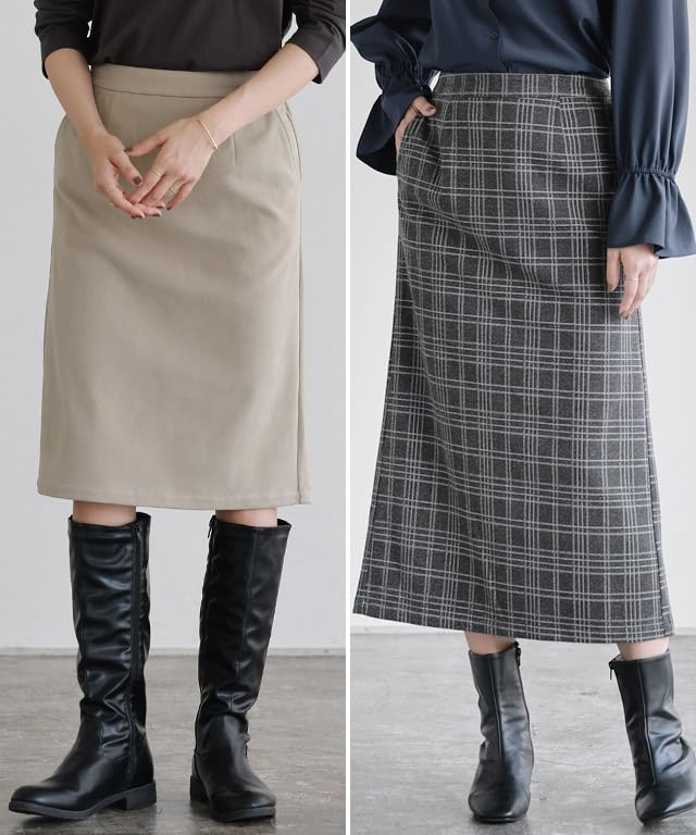 Pierrot Brushed Stretch Size Check Pattern Cashmere-Touch I-Line Skirt, Fabric, Waist, Below-the-Knee Length, Women's, M,