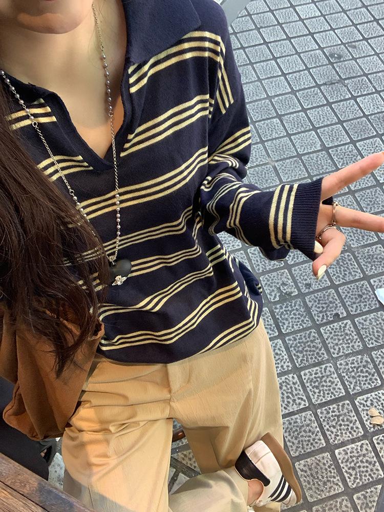 

olo лацкан полосатый контрастный топ свободная рубашка с длинным рукавом и воротником женский осенне-зимний релакс ретро свитер L темно-синий