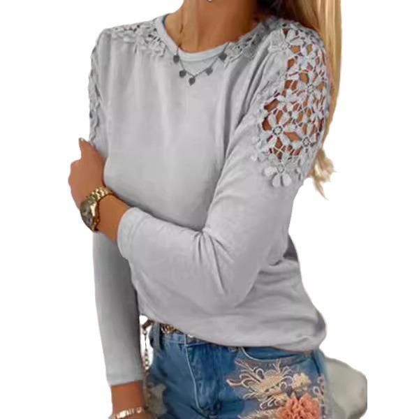 Autumn Women T-Shirt Femme Solid Color Slim Fit Lace Hollow Long Sleeve Top Ladies Soft Lightweight Casual Blouse