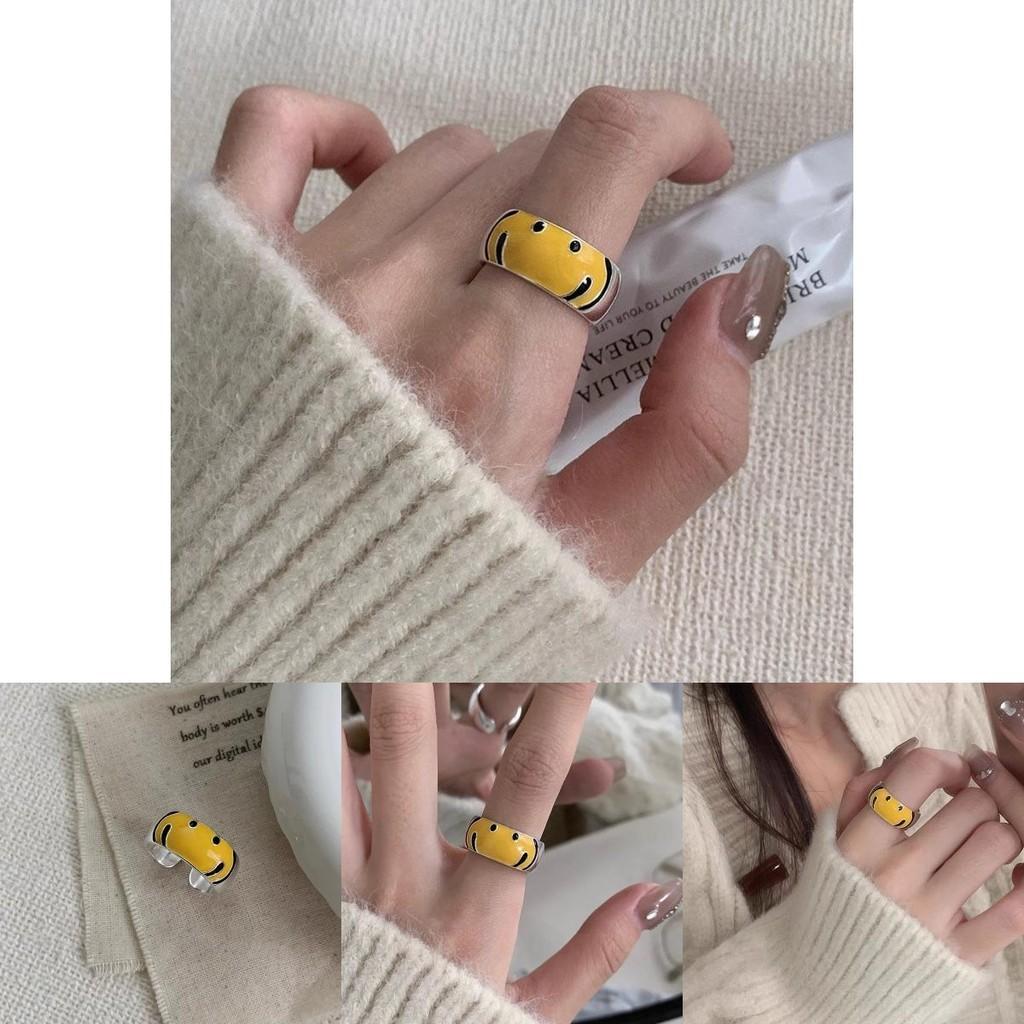 Stylish Korean Yellow Smiley Face Ring For Women Adjustable Geometric Design Fashionable