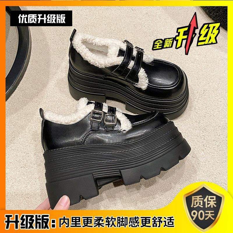 Heel Small Leather Shoes Women's Velvet 2025 New Autumn and Winter Outer Wear Shoes Fluffy Cotton Shoes British Platform Loafers