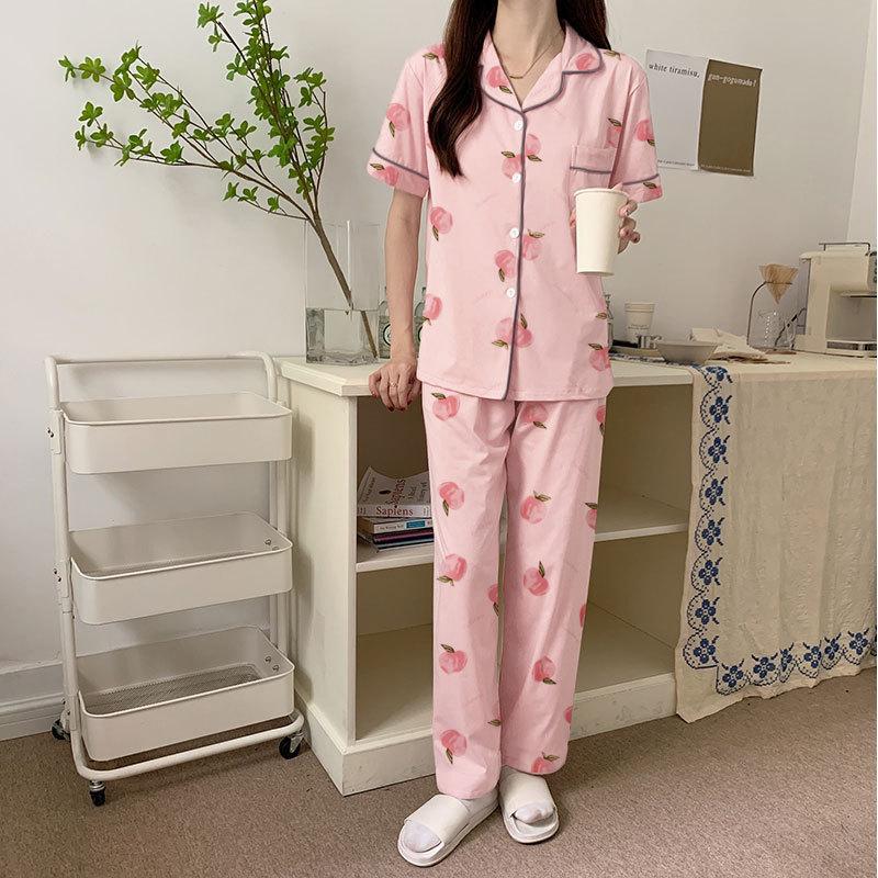 Pajamas Women'S Sweet Pink Short-Sleeved Trousers Casual And Comfortable Summer Cardigan Loungewear Can Be Worn Outside