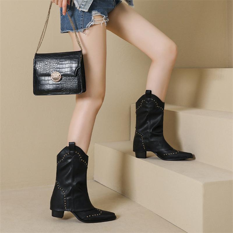 Fashion Woman Western Cowboy Boots Fashion Ladies Elegant Square Heel Long Boots Chelsea Boots Shoes Women's Winter Footwear
