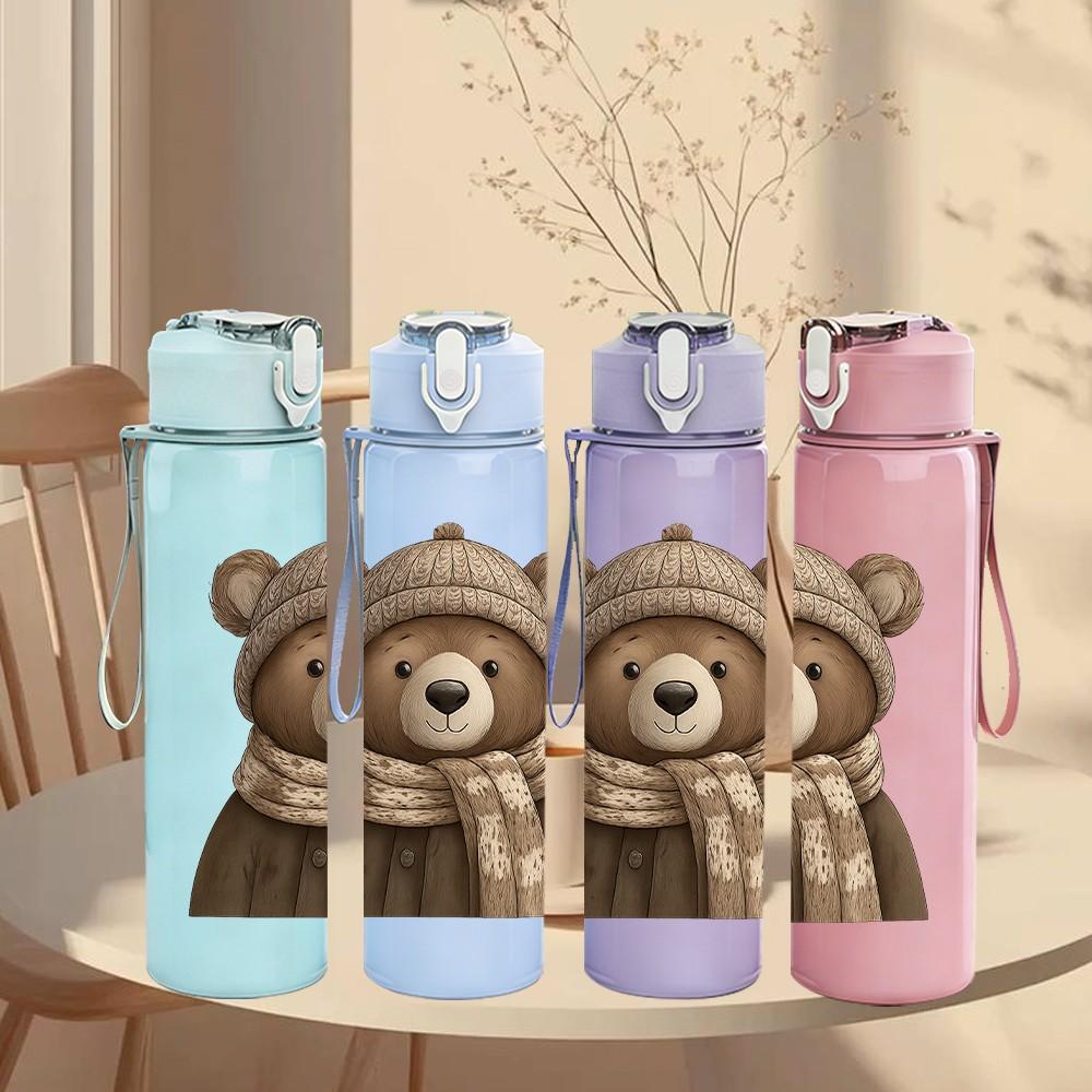 1PC Warm Scarf Bear Cartoon 750ml Color Plastic Sports Water Bottle Leakproof Flip Straw Lid Suitable for Sports Office Home Use