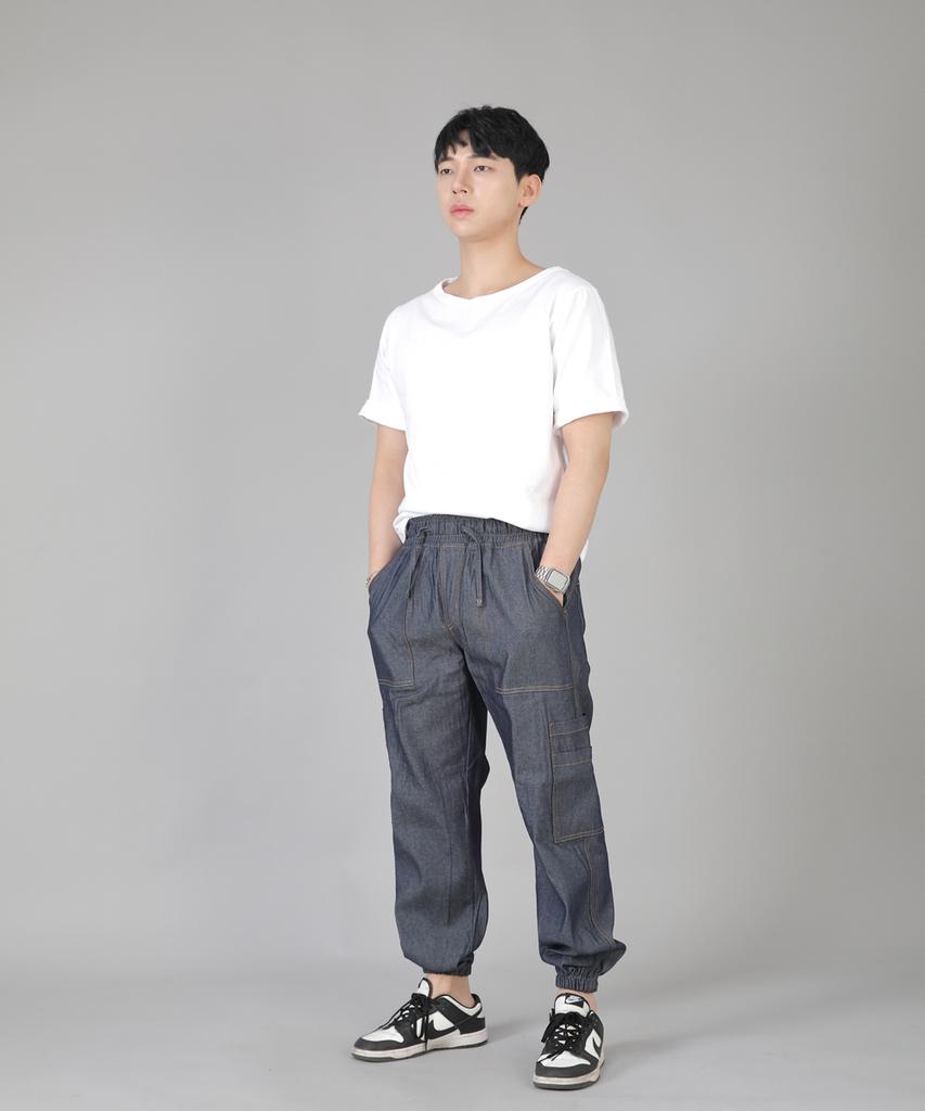 Seinteukeulu Two-Layer Wide Cargo Jogger Pants W2-308J Denim Light Indigo