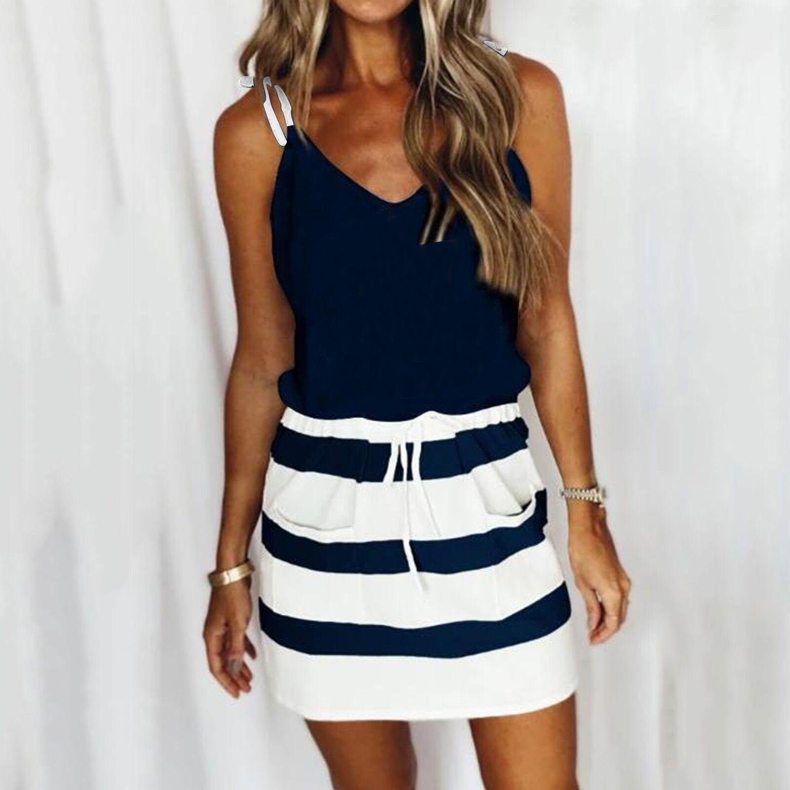Women s Summer Casual Fashion Printed V Neck Drawstring Sling Strap Dress XL синий