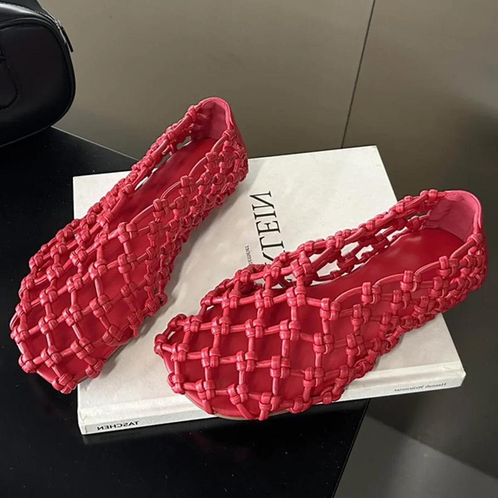 Fashion Summer Weaving Hollow Out Flat Heels Women Shoes Elegant Comfortable Casual Dress Mules Sandals